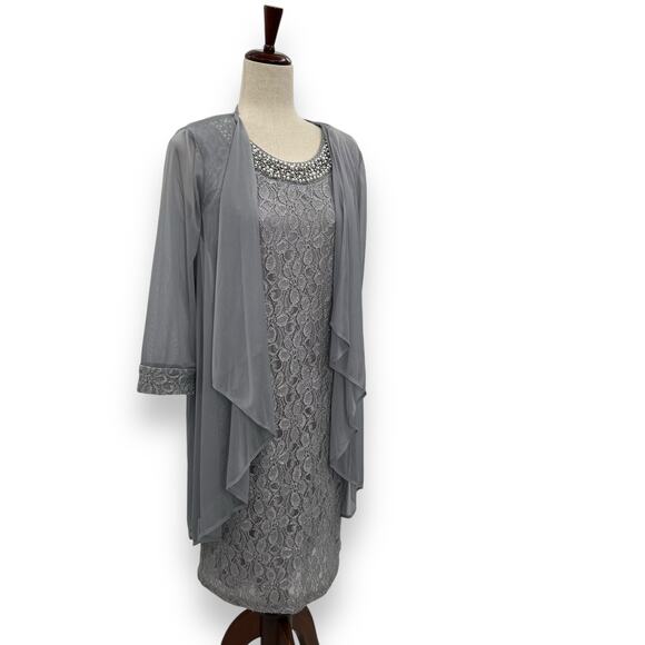 NEW R&M Richards Dress Set Size 8 Gray Cascading 3/4 Sleeve Lace Jacket Cardigan - Picture 3 of 16